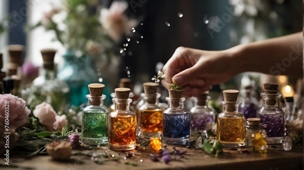 Fototapeta closeup of an artisanal perfumer formulating a perfume with essential oils and fragrances