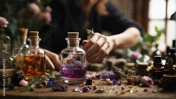 Fototapeta closeup of an artisanal perfumer formulating a perfume with natural ingrediants