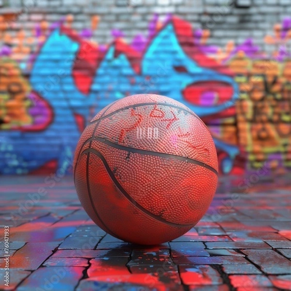 Fototapeta 3D rendered basketball in front of a vibrant graffiti wall