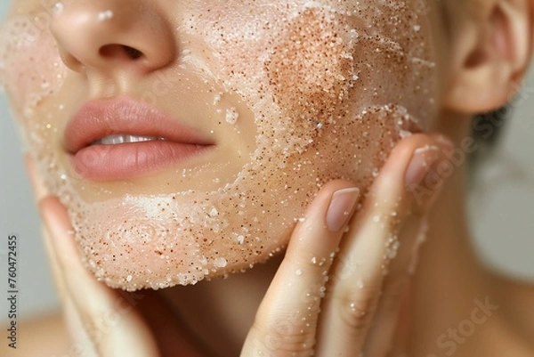 Obraz Close up of woman face with scrub product on her skin, body care and skin exfoliation routine. 