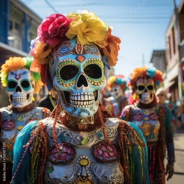 Fototapeta Festive Fiesta: Calacas and Catrinas Bring Life to the Town Square
