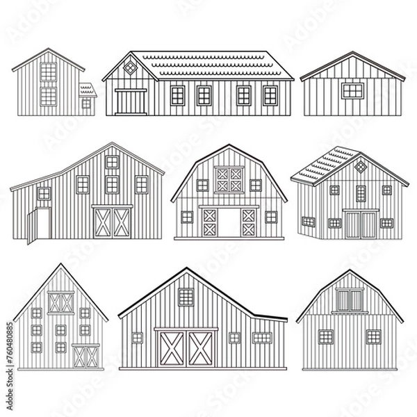 Obraz Big set of black white red wooden barns with windows, doors. Isolated vector houses icons on the white background for coloring book