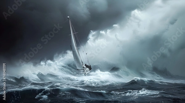 Fototapeta dramatic moment when a sailboat encounters a storm at sea, showcasing the power and intensity of nature's forces