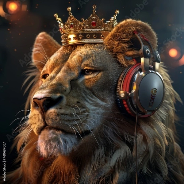 Fototapeta portrait image of a lion working as DJ. just a casual day at work. 