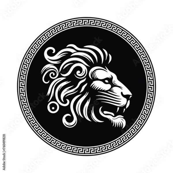 Obraz Circular design with lion head sketch art with the royal crown for stamps, logo, tattoos, and printing	
