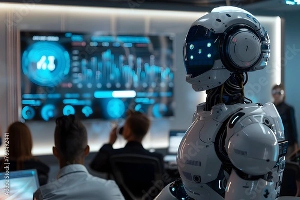 Fototapeta ESG Data Visualization Meeting Led by Innovative Robot in Futuristic Office Space