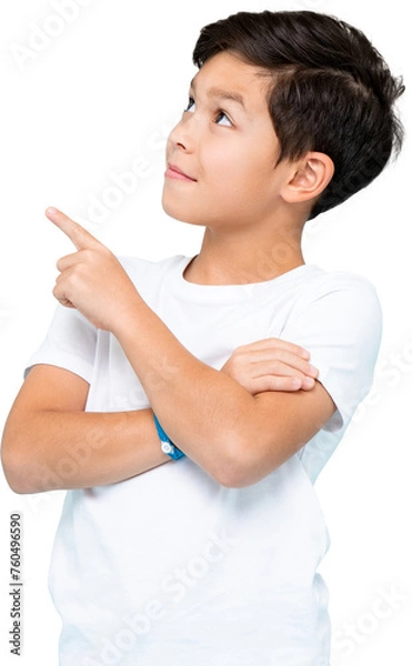 Fototapeta Cute smiling boy in plain white t shirt looking and pointing hand up PNG file no background 