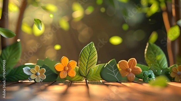 Fototapeta Nature Table with Small Plants and Flowers in Woods