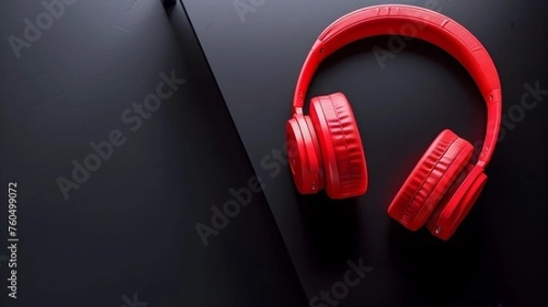 Fototapeta Red Headphones on Black Surface