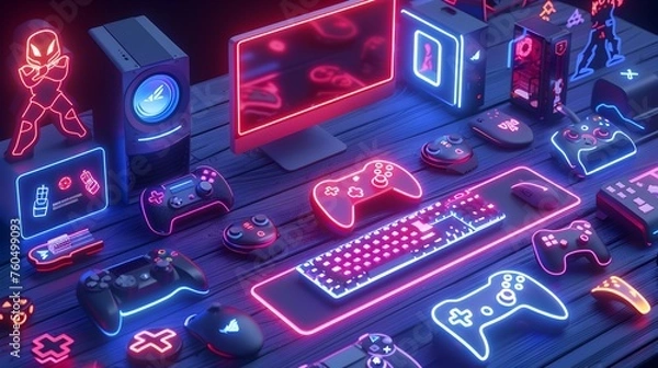 Fototapeta Gaming Setup with Neon Lights and Game Collection