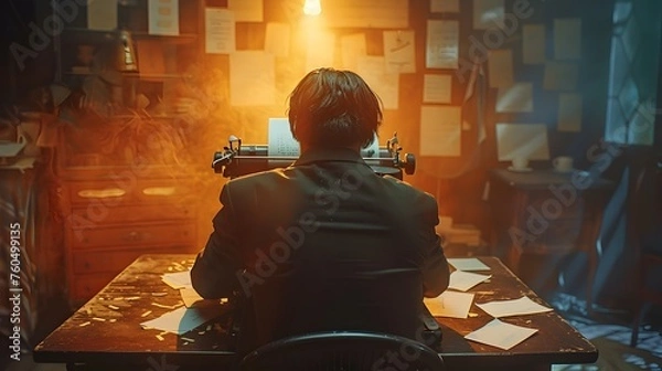 Obraz Man Writing at Desk with Typewriter