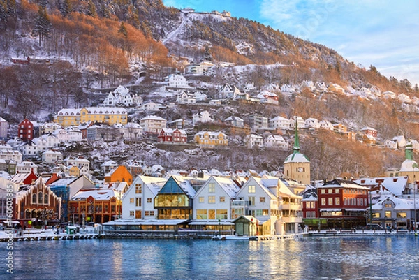 Obraz Historic district of Bryggen in Bergen in winter, Norway