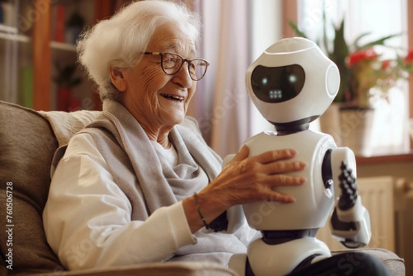 Fototapeta Senior woman sits in a chair and hugs a small robot in her hands, smiling at him. Robots caring for the Elderly.