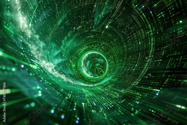 Fototapeta Green binary wormhole 3D rendering. Concept, large circle of light, opening a portal, warp, through dimensions, large data, futuristic.