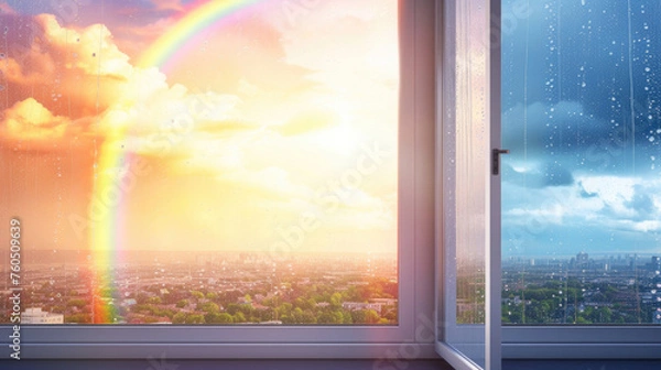 Fototapeta view of the city from the window, good weather, rainbow after rain, drops on the window