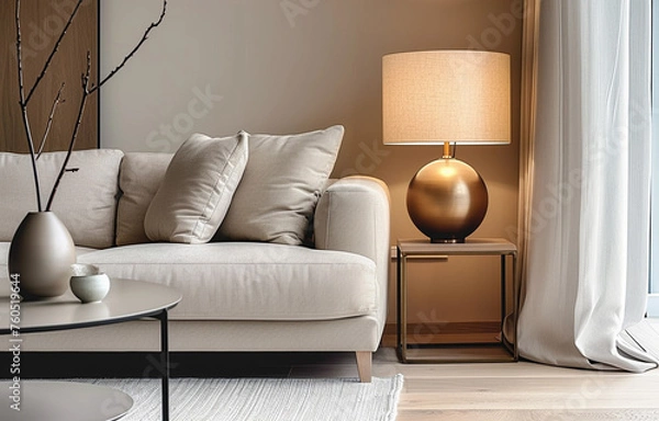 Obraz Close up Lamp  and Sofa. Modern Interior background