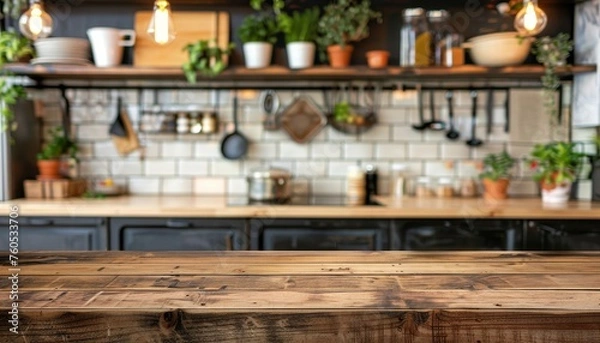 Fototapeta Empty wooden table against blurred kitchen counter background for a neat and inviting space