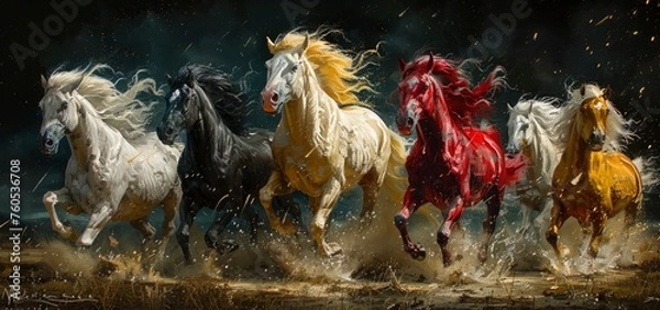 Fototapeta Horses galloping in the sky, colorful, majestic and powerful