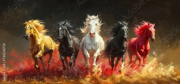 Fototapeta Horses galloping in the sky, colorful, majestic and powerful
