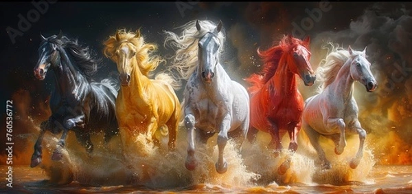 Fototapeta Horses galloping in the sky, colorful, majestic and powerful