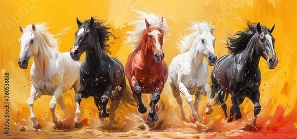 Fototapeta Horses galloping in the sky, colorful, majestic and powerful