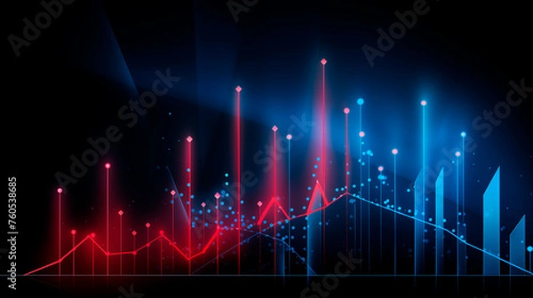 Fototapeta Background with business growth graph, blue and red colors. Abstract image of graphs, geometric shapes, scales of growth and decline. Background for business presentations. Bright stylized background
