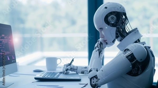 Fototapeta A futuristic cyborg penning down innovative HR strategies, blending artificial intelligence seamlessly into the corporate landscape.