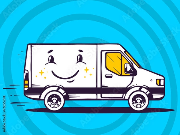Fototapeta Vector illustration of van with smile free and fast delivery to