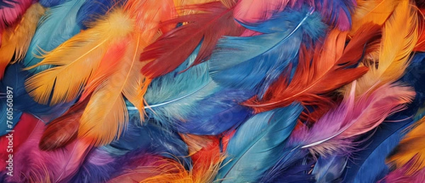 Fototapeta Colorful feathers create a soft and vibrant background, blending hues of pink, orange, and blue, perfect for nature-inspired decorations