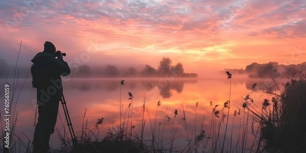 Fototapeta A man is taking a picture of the sun with his camera. The sun is setting and the sky is orange
