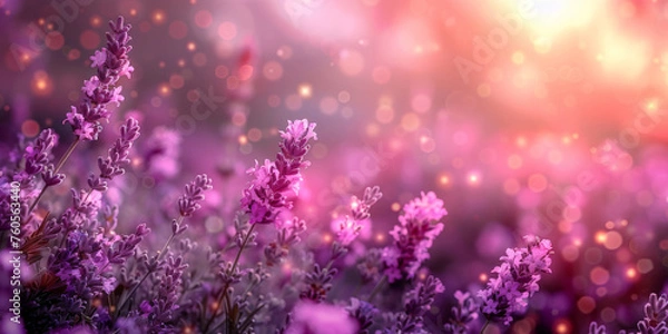 Obraz pink and purple  Lavender field background on blurred background, banner , copy space
