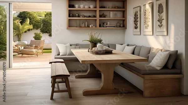 Fototapeta Create a lounge area with built-in seating and a central dining table.