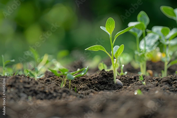 Fototapeta A New Beginning: Lone Sapling Sprouts from Fertile Earth.Green seedling illustrating concept of new life and beginning to grow from seed.