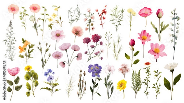 Fototapeta Set of watercolor wildflowers painting isolated on clear png background and transparent background. Fresh and nature concept for nature decorative and flower element, AI generative.