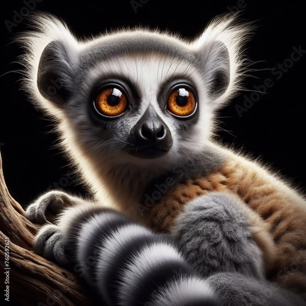 Fototapeta Illuminated lemur on black background. AI generated