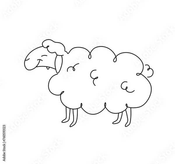 Fototapeta Vector isolated funny scribble sheep side view colorless black and white contour line easy drawing