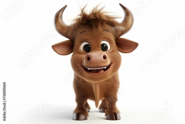 Fototapeta Cheerful 3D minotaur calf, horns just budding, isolated on white background