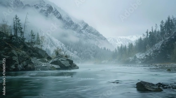Fototapeta A serene river flowing through a snowy forest, with majestic mountains in the background. Perfect for nature and winter themed projects