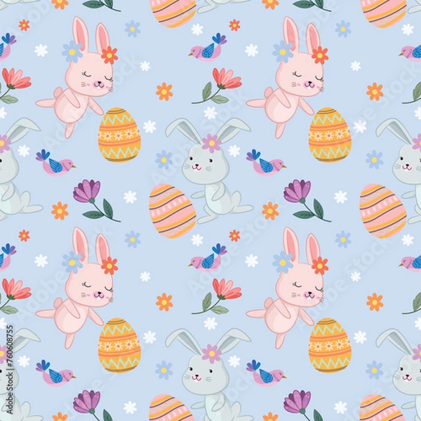 Fototapeta Happy Easter egg concept. Bunny with Easter egg and flowers seamless pattern for fabric textile wallpaper gift wrapping paper.