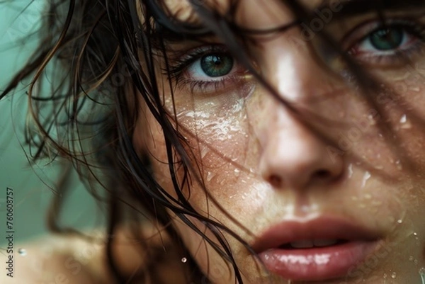 Obraz A close up image of a woman with wet hair. Suitable for beauty and health concepts