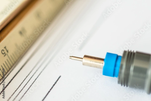 Obraz Workplace of engineer, tools for sketching and a drawings.