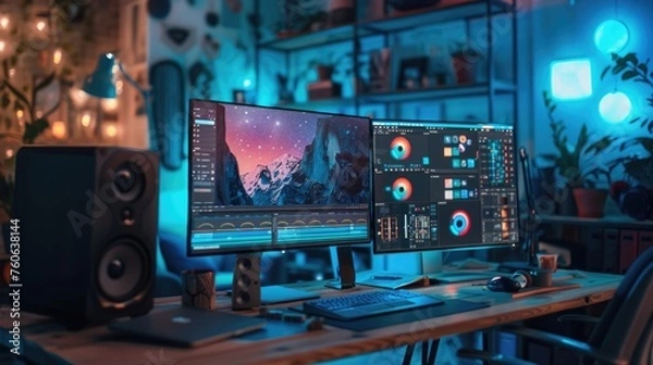 Fototapeta A creative workspace setup with dual monitors, graphic tablet, and mood board, highlighting the blend of technology and design in a home environment