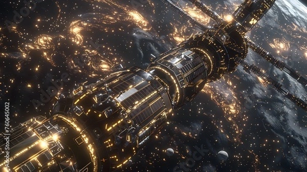 Fototapeta Massive Space Station Orbiting Earth Showcases Advanced Solar Farm Technology