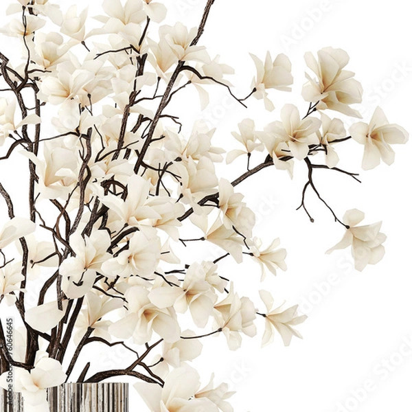 Fototapeta White bouquet of branches of blooming magnolia vase isolated on white background