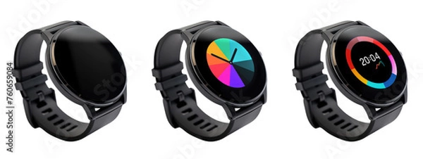Fototapeta Three Views of a Smartwatch Off, Display On, Time Displayed sets. Colorful  smartwatch with display cutout PNG collection
