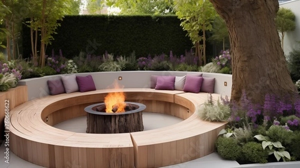 Fototapeta Incorporate a built-in bench with a fire pit as the centerpiece.
