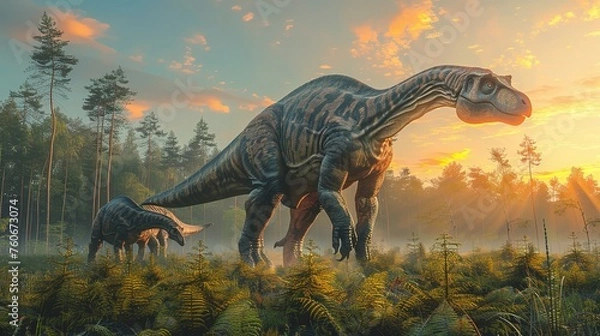 Fototapeta Dinosaurs in the Triassic period age in the green grass land and blue sky background, Habitat of dinosaur, history of world concept