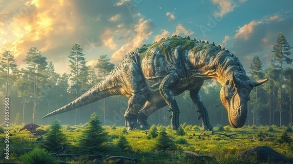 Fototapeta Dinosaurs in the Triassic period age in the green grass land and blue sky background, Habitat of dinosaur, history of world concept