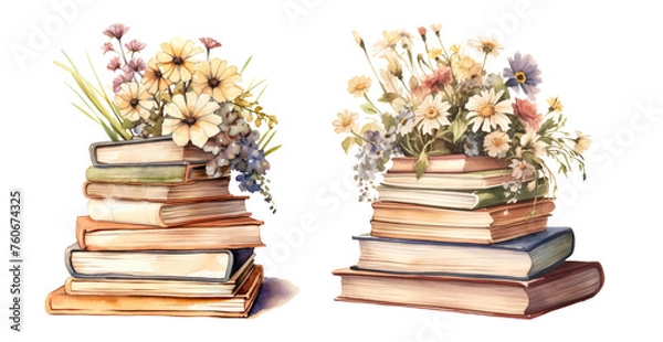Obraz Stack of books with watercolor flowers