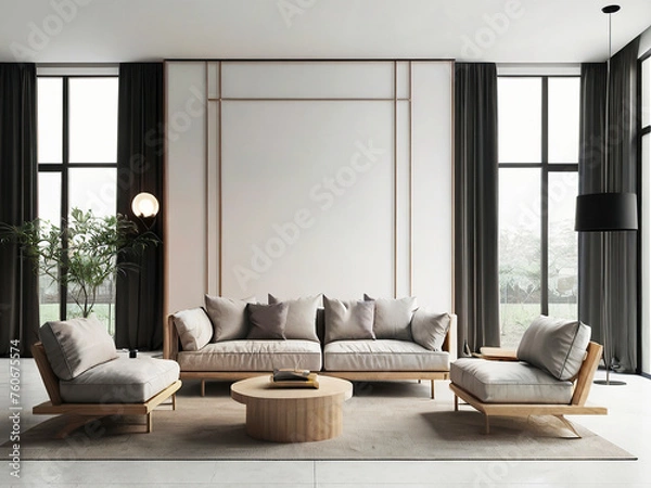 Fototapeta living room interior mockup, modern furniture and decorative arch with trendy dried flowers with white sofa and armchair on the White Background